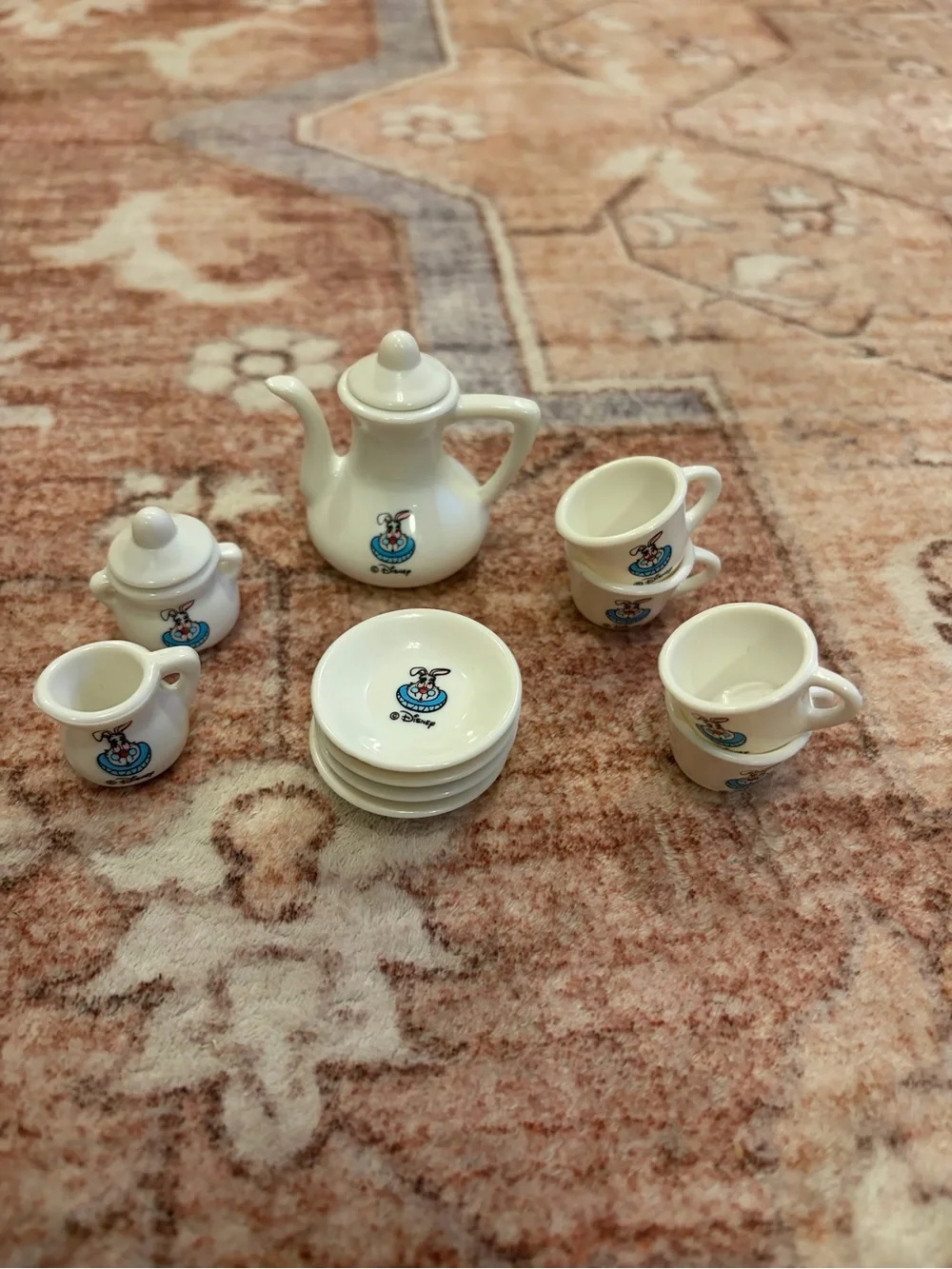 Disney White Plastic Bunny Miniature Tea Set with Alice in Wonderland Bunny